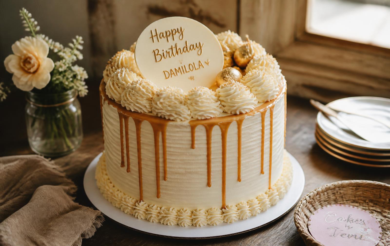 Celebration cake with caramel drip on a wooden table