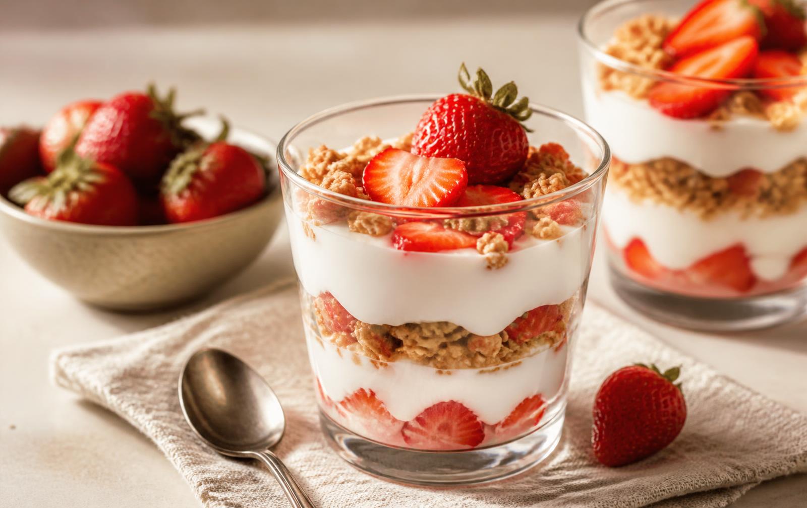 Yogurt parfait cups layered with strawberries and granola